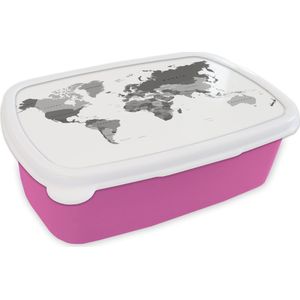 Broodtrommel Roze - Lunchbox - Brooddoos - De landen zijn met verschillende tinten grijs aangegeven op de wereldkaart - zwart wit - 18x12x6 cm - Kinderen - Meisje