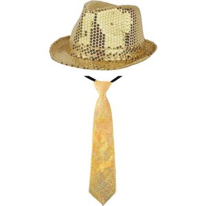 Party carnaval verkleed hoedje en stropdas - Goud glitters - Verkleedkleding voor volwassenen