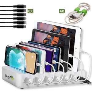 Cotyl USB Oplaadstation - 6 USB Poorten – Inclusief 6 Kabels & 4 Kabel Binders Organizers - Compatibel met Tablet Telefoon 3x Usb C 2x Lightning & 1x USB Micro - Smartphone en Laptop - Oplaadstation - Dockingstation – Voor Bureau Kantoor & Thuis