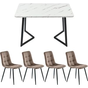 Merax Eettafel en Stoelen Set - 117x68 cm - Rechteckige Eettafel - Moderne Keukentafel Set - Bruine Samt Eetkamerstoelen - Zwarte Metaal Tafelpoten
