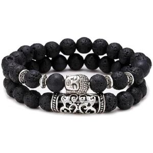 Sorprese armband - Buddha - armband heren - 2-delig - kralen - Zwart Lavastenen - 21 cm - cadeau - Model P