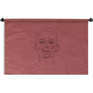 Wandkleed Line-art Vrouwengezicht - 20 - Line-art blij vrouwengezicht op een rode achtergrond Wandkleed katoen 180x120 cm - Wandtapijt met foto XXL / Groot formaat!