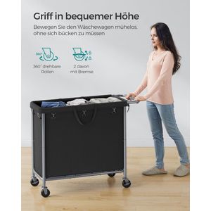 FurnStar - Wasmand 3 vakken - 200 liter - Wasverzamelaar met wieltjes - Waszak Afneembaar - Stalen frame - Met handvat - Ruim - 91 x 39 x 81 cm - Zwart