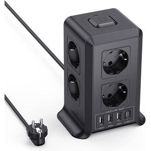 Stekkerdoos met USB 8 AC-stopcontacten- 4 USB-stekkers - 2500 W/10 A - overspanningsbeveiliging - 2 m verticale stekkerdoos met schakelaar - tafel kantoor huis Stekkerdoos