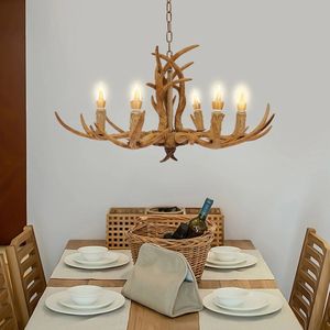 Roxana® Kroonluchter - Gewei - Hanglamp - LED - 6 Lichtbronnen - Lampen Inbegrepen - 220V - Keuken - Woonkamer - Hars - Slaapkamer - 66x45Cm