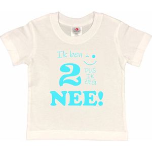 T-shirt Kinderen ""Ik ben 2 dus ik zeg NEE!"" | korte mouw | Wit/aquablauw | maat 98/104