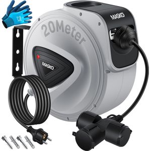 MASKO® Kabelhaspel 20 meter automatisch voor buiten met 3 stopcontacten Wandmontage 1,5m Aansluitkabel Inclusief Handschoenen - Grijs