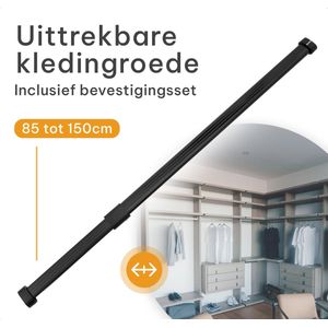 Milano Luxurious Kledingstang Verstelbaar – Uittrekbare Kledingroede – 85 tot 150 cm – Garderobestang – Kledingstang met boren – Stevig Aluminium – Zwart