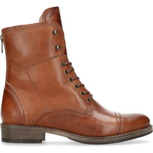 Manfield - Dames - Cognac leren veterlaarzen met bont voering - Maat 40