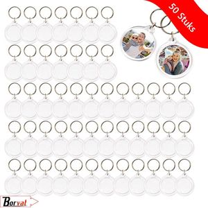 Borvat® | Pak van 50 sleutelhangers om eigen foto in te steken | rond transparant Acrylglas voor gepersonaliseerde foto’s, afbeeldingen of logo’s | perfect voor zakjes met party favors voor huwelijken, verjaardagen en kerstfeestjes