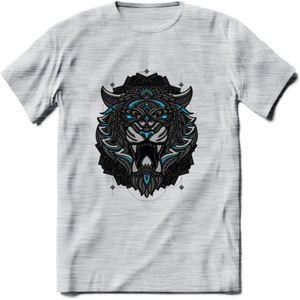 Tijger - Dieren Mandala T-Shirt | Lichtblauw | Grappig Verjaardag Zentangle Dierenkop Cadeau Shirt | Dames - Heren - Unisex | Wildlife Tshirt Kleding Kado | - Licht Grijs - Gemaleerd - S