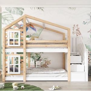Hoogslaper Kinderbed met Boomhut Ontwerp en Opbergruimte 90 x 200 cm