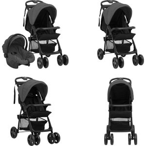 vidaXL Kinderwagen 3-in-1 staal donkergrijs en zwart - Baby Kinderwagen - Baby Kinderwagens - Wandelwagen - Wandelwagens