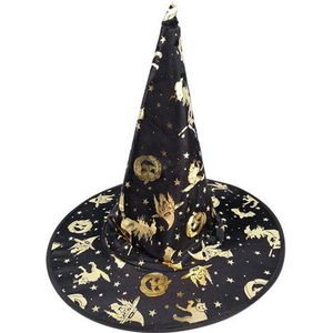 Heksenhoed Kinderen - Heks - Zwart/Goud - Halloween Heksenhoed - One Size - Een Stuk - Unisex