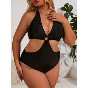 Grote maten sexy badpak uit één stuk, dames plus massief uitgesneden ringdecor halternek zwempak, bikini badmode tank strandkleding zwemkleding031- zwart- maat 4XL