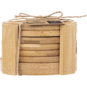 Secret de Gourmet glazen Onderzetters - 6x stuks - bamboe hout - rond - Dia 10 cm - natuurlijke uitstraling - in houder