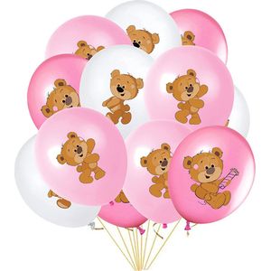 12 roze en witte ballonnen met beertje - ballon - beer - babyshower - verjaardag - decoratie