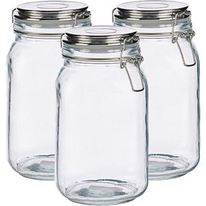 Set van 3x stuks glazen luxe keuken voorraadpotten/voorraadbussen 1500 ml- Voorraadbussen luchtdichte klepdeksel zilver - 11 x 20 cm