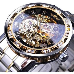 WiseGoods WSS2299 Luxe Mannen Horloge - Mechanisch -  Skeleton Polshorloge - Transparant Case - Luxe Diamant Design - Zilver/Goud