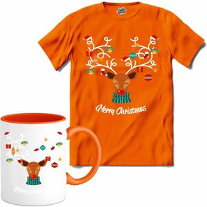 Merry christmas kerstballen gewei - T-Shirt met mok - Meisjes - Oranje - Maat 12 jaar
