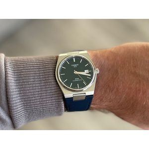 Solid link leather watch strap blue for Tissot PRX 40mm - Solide schakel leer horloge band blauw met quick release trekker