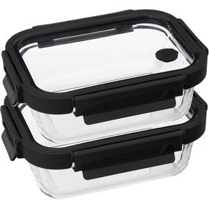 5Five Vershoudbakje met deksel - 2x - glas - luchtdicht - met clips - 19 x 14 x 7 cm - 500 ml - zwart/transparant