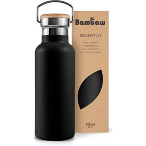 Bambaw® 750ml RVS Thermosfles - Isoleerfles, Dubbelwandig, Lekvrijen, loodvrij en Plasticvrij Geïsoleerde Fles met Bamboe Deksel voor Warme en Koude Dranken - Ideaal voor Reizen, Werk, Yoga, Wandelen en Dagelijks Gebruik – zwart