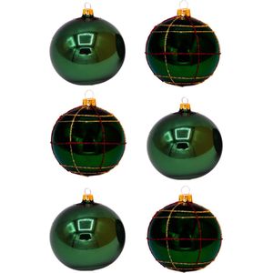 Groene Kerstballen met chique rood en goud glitterlijnen patroon en effen glanzend groen - Doosje met 6 glazen kerstballen