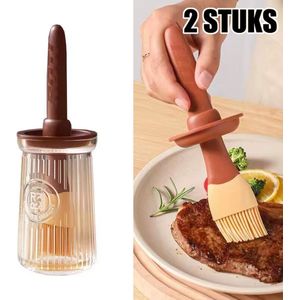 2 STUKS Oliefles met Borstel-Bakkwast voor BBQ of bakker- hittebestendig Siliconen kwast- bruin