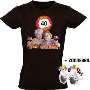 Hoera 40 jaar! Het is feest Dames T-shirt + Happy birthday bril - verjaardag - jarig - 40e verjaardag - oma - wijn - grappig