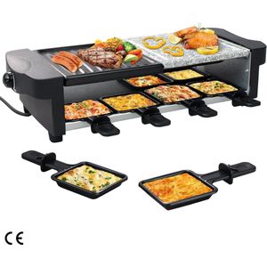 Multifunctioneel Raclette-apparaat voor 8 Personen - 3-in-1 Raclettegrill met 1200 W Vermogen en 8 Pannen - met natuurlijke grillsteen & antiaanbak grillplaat - zwart