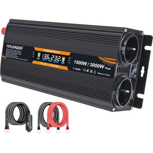 Spanningsomvormer 12V naar 230V 1500W met USB aansluiting en 2 stopcontacten