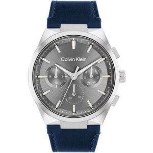 Calvin Klein CK25200444 DISTINGUISH Heren Horloge - Mineraalglas - Staal/Leer - Blauw/Zilverkleurig - 44 mm breed - Quartz - Gesp - 3 ATM (spatwater)