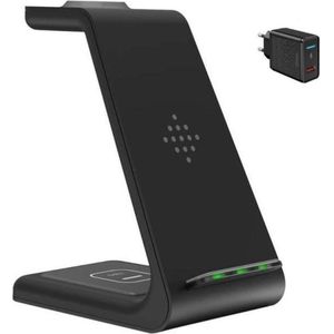 DrPhone QW4 - 3 In 1 Draadloze Oplader Dock - Geschikt voor Galaxy Watch 4 /3 / Active 1/2 - Geschikt voor Earbuds/Live – Lader + 18W HALO Adapter - Zwart