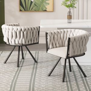 Learnlogic. 2-stuk linnen eetkamerstoelset, lichte luxe woon- en slaapkamer draaistoel, met vier metalen voeten, beige en zwart