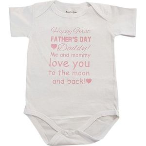 baby romper eerste vaderdag tekst papa happy first fathers day korte mouw wit met roze meisje maat 74-80