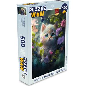 Puzzel Kitten - Bloemen - Bos - Illustratie - Poes - Legpuzzel - Puzzel 500 stukjes