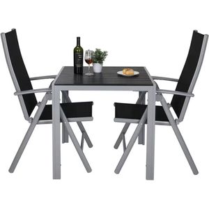 J&R Tuinset - Balkonset - Kleine tuinset - 2 personen - Tafel en 2 stoelen - Verstelbare tuinstoelen - Kunststof armleuning en Tafelblad - Aluminium - Grijs/Zwart