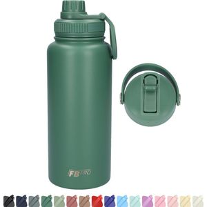 Thermos drinkfles 1 liter met extra dop - Isolerende Waterfles met draaibare drinktuit - Voor zowel warme als koude dranken! - Drinkfles 1L voor volwassenen met handvat - Afgewerkt met Poedercoating - Donkergroen