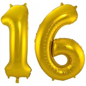 Folie ballon cijfer 16 jaar – 80 cm hoog – Goud – Sweet Sixteen - met gratis rietje - Feestversiering
