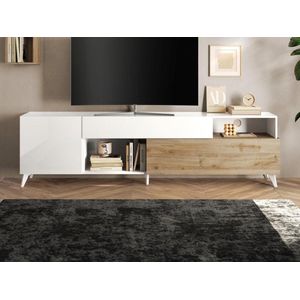 Tv-meubel met 2 deurtjes, 1 lade en 2 nissen - 241 cm - Wit gelakt en houtkleur - DONALA L 241 cm x H 67 cm x D 42 cm