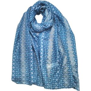Lange dames sjaal Hailee fantasiemotief blauw wit lichtblauw grijs goud