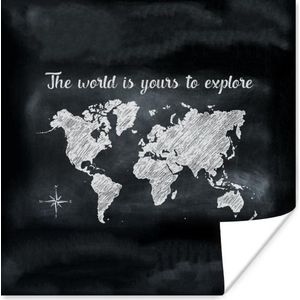 Muurdecoratie - Wereldkaart - Schoolbord - Quote - 50x50 cm - Poster