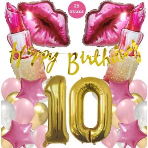 Snoes Mega Beauty Helium Ballonnen Set 10 Jaar - Roze Helium Folieballonnen - Slinger Happy Birthday Goud