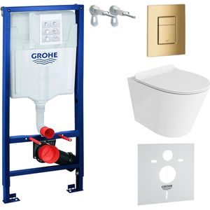 Inbouwreservoir Complete Toiletset Grohe Solido 39069000 - Inbouw WC Hangtoilet Wandcloset Galve Wit Hoogglans - Bedieningsplaat Skate Cosmopolitan 38732GL0 Gouden - Voorwandelement