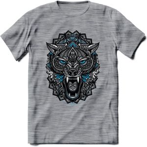Wolf - Dieren Mandala T-Shirt | Blauw | Grappig Verjaardag Zentangle Dierenkop Cadeau Shirt | Dames - Heren - Unisex | Wildlife Tshirt Kleding Kado | - Donker Grijs - Gemaleerd - XL