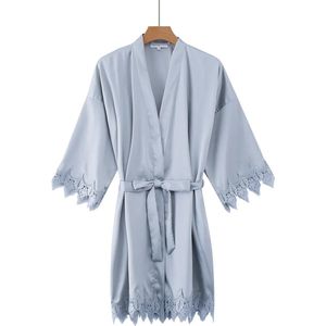 Luxe moederdag cadeautje - Kimono dames satijn met kant- grijs blauw - one size