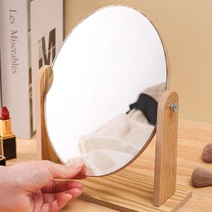 360 Graden Draaibaar Tafelblad Make-up Spiegel met Standaard, Houten Vanity Mirror Desktop Spiegel Houten Frame Cosmetische HD Spiegel voor Kantoor, Slaapkamer, Badkamer, Rond Draaibaar