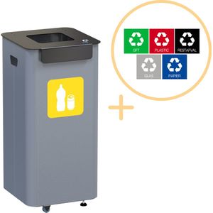 Alda Eco Modulair Bin, Prullenbak - 70L - Grijs/Geel - Afvalscheiding Prullenbakken - Gemakkelijk Afval Scheiden – Recyclen - Afvalemmer - Vuilnisbak voor huishouden en kantoor - Vierkante Afvalbak op Wieltjes - Inclusief 5-delige Stickerset