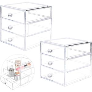 Set van 2 3-laags acryl cosmetische organizer make-up organizer dozen transparante make-up organizer stapelbare cosmetische vitrines heldere opbergdoos met handvat voor lippenstift huidverzorging sieraden